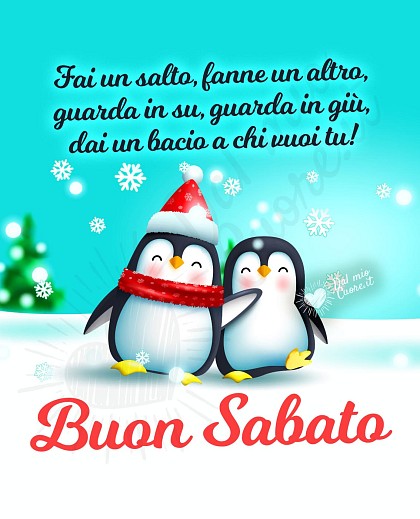 Immagine di buon sabato invernale divertente con pinguini e filastrocca