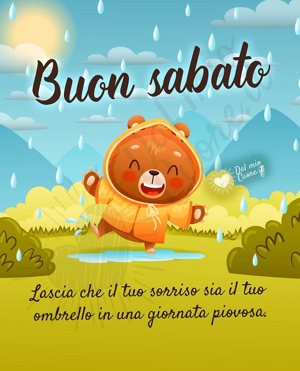 Buon sabato con frase su sorrisi e pioggia