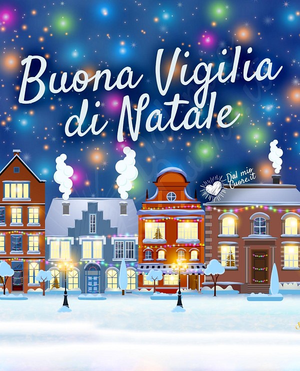 Buona Vigilia di Natale con paesaggio innevato