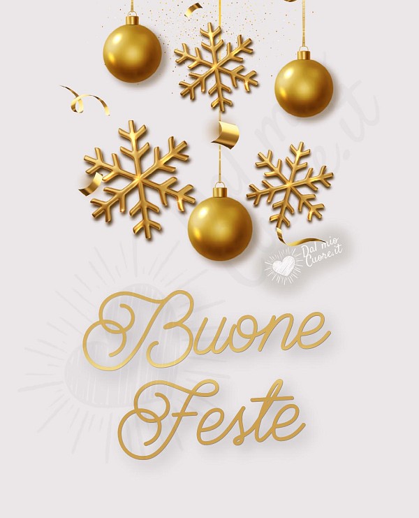 Buone Feste scritta con palline e fiocchi dorati