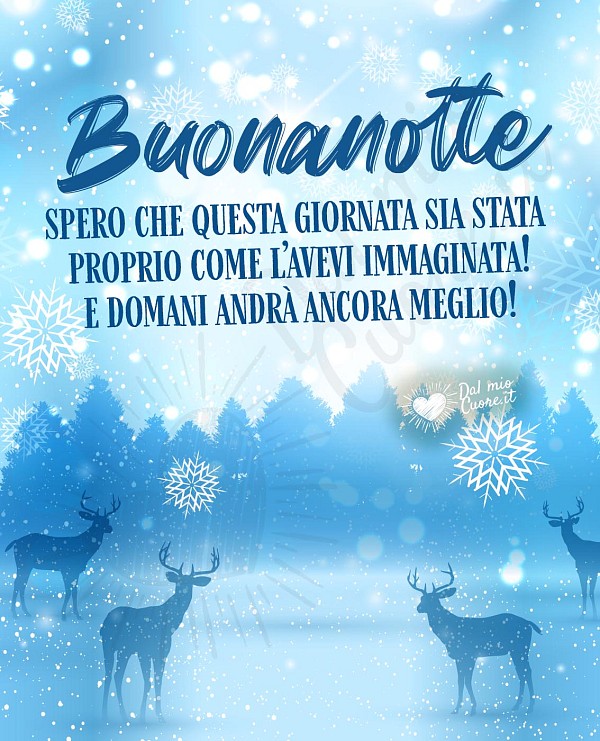 Buonanotte! Spero che questa giornata sia stata proprio come l’avevi immaginata! E domani andrà ancora meglio!