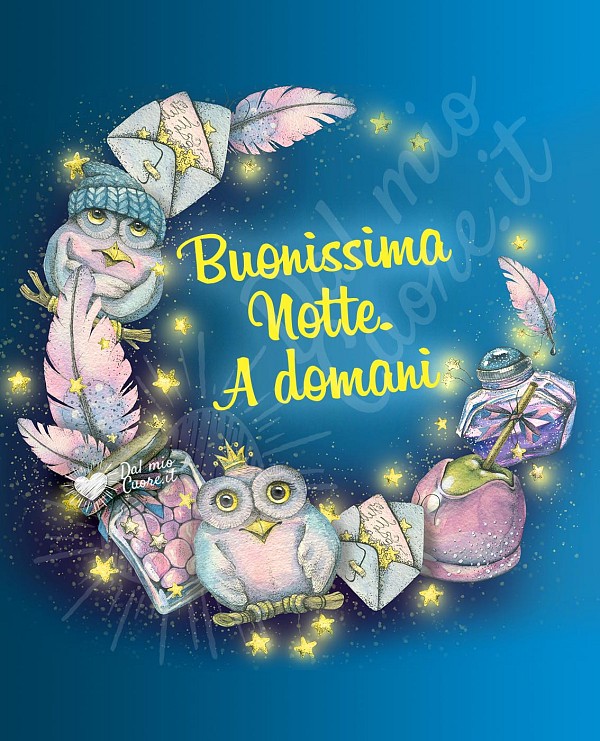Buonissima notte. A domani. Immagine con luna gufi e stelle