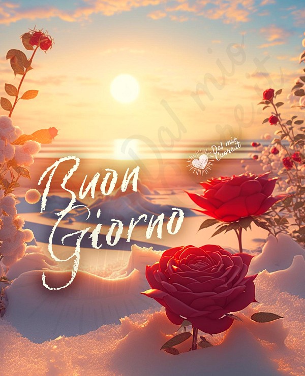 Buongiorno immagine con rose, neve e mare