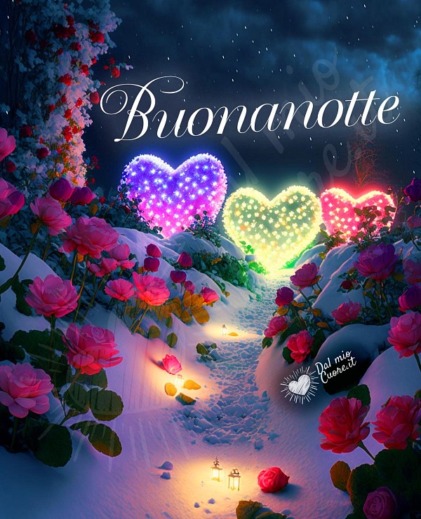 Buonanotte. Immagine con rose, neve e cuori luminosi