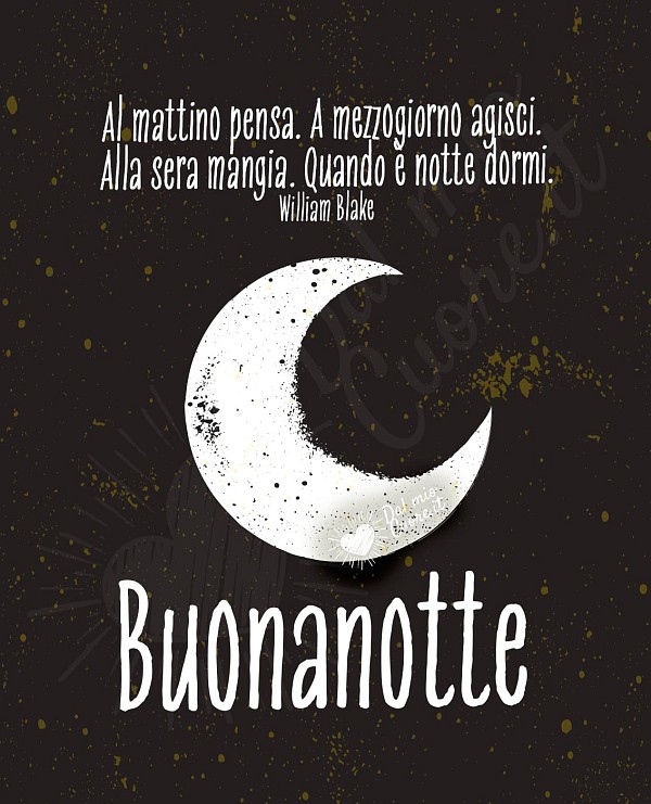 Buonanotte. Frasi: Al mattino pensa. A mezzogiorno agisci. Alla sera mangia. Quando è notte dormi.