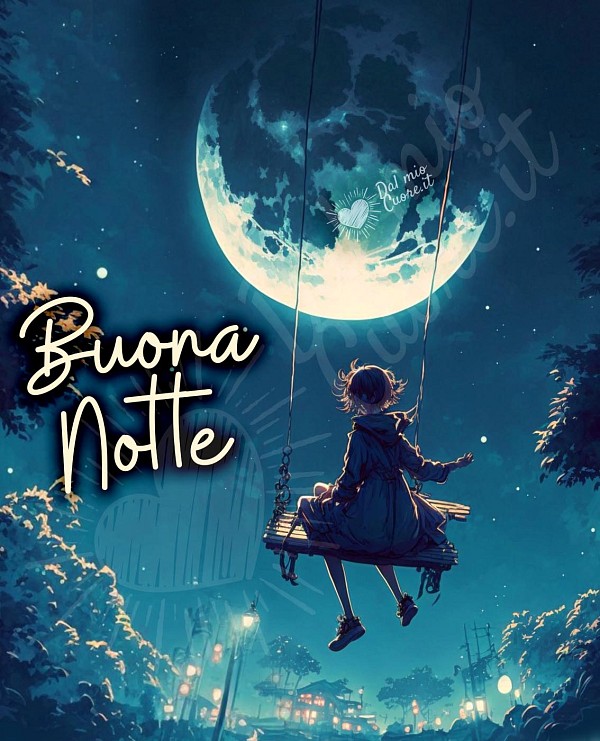Immagine Buonanotte con luna e ragazza su altalena