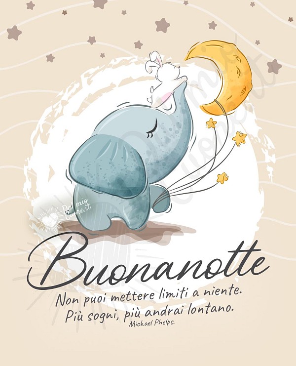Buonanotte. Frase: "Non puoi mettere limiti a niente. Più sogni, più andrai lontano"