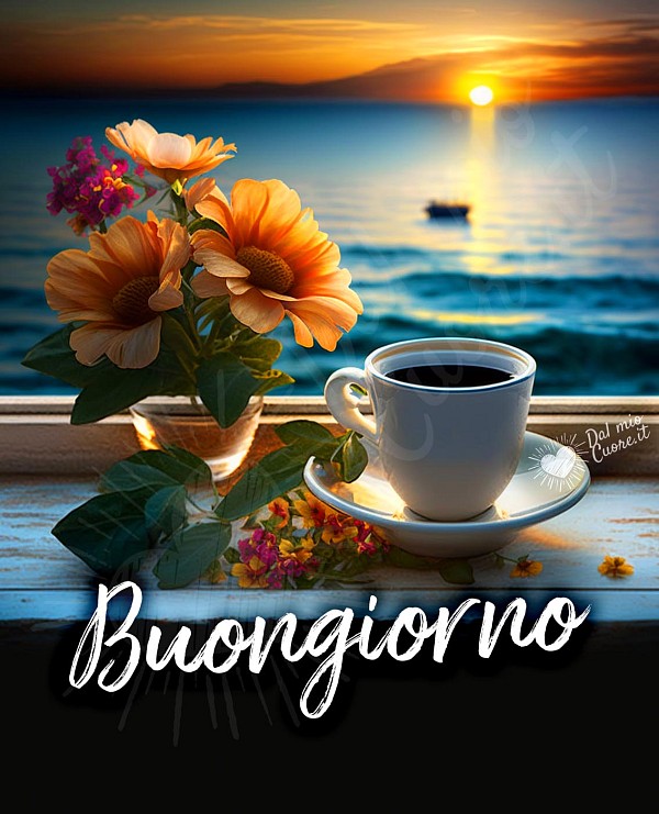 Buongiorno con caffè, fiori e alba sul mare