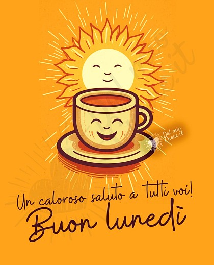 Buon lunedì con caffè e un sole sorridente