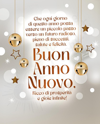 Che ogni giorno di questo anno possa essere un piccolo passo verso un futuro radioso. Pieno di successi, salute e felicità. Buon Anno Nuovo. Ricco di prosperità e gioie infinite!
