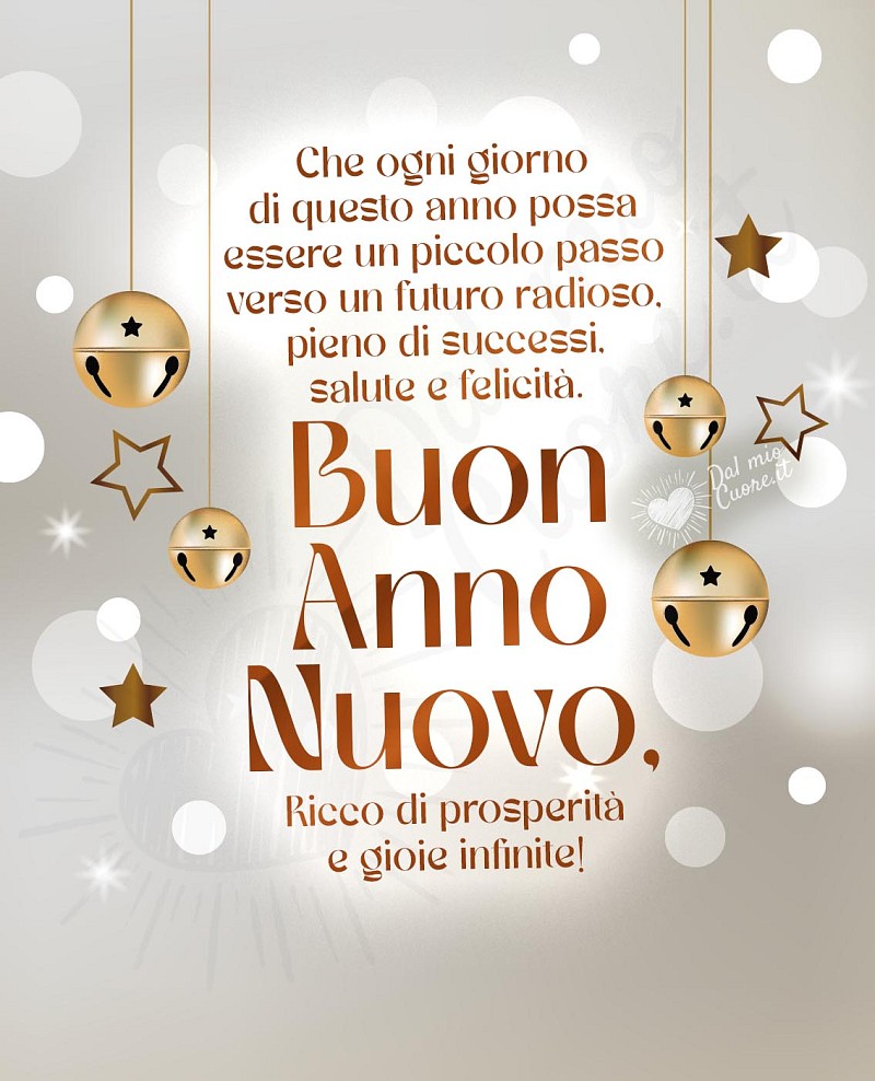Che ogni giorno di questo anno possa essere un piccolo passo verso un futuro radioso. Pieno di successi, salute e felicità. Buon Anno Nuovo. Ricco di prosperità e gioie infinite!