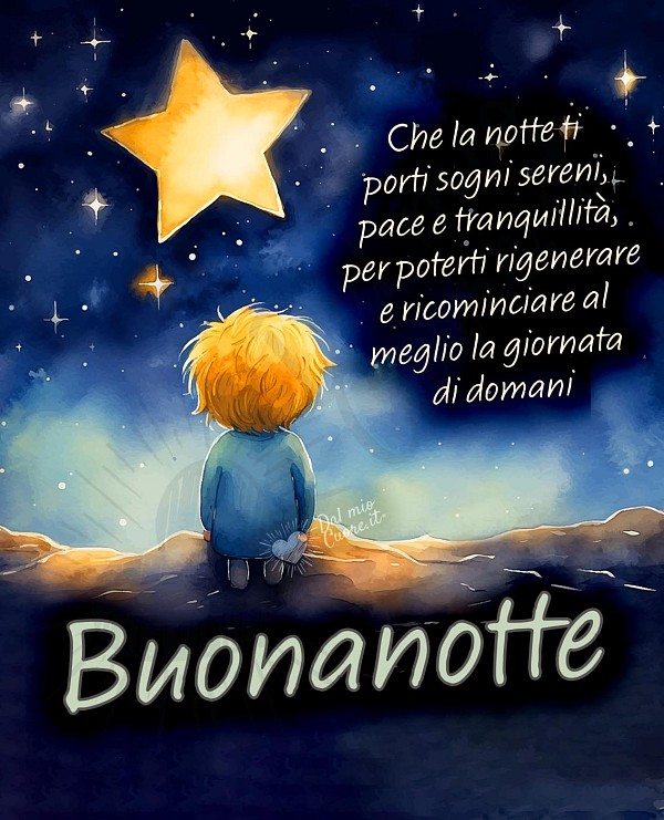 Buonanotte, frase: Che la notte ti porti sogni sereni, pace e tranquillità, per poterti rigenerare e ricominciare al meglio la giornata di domani