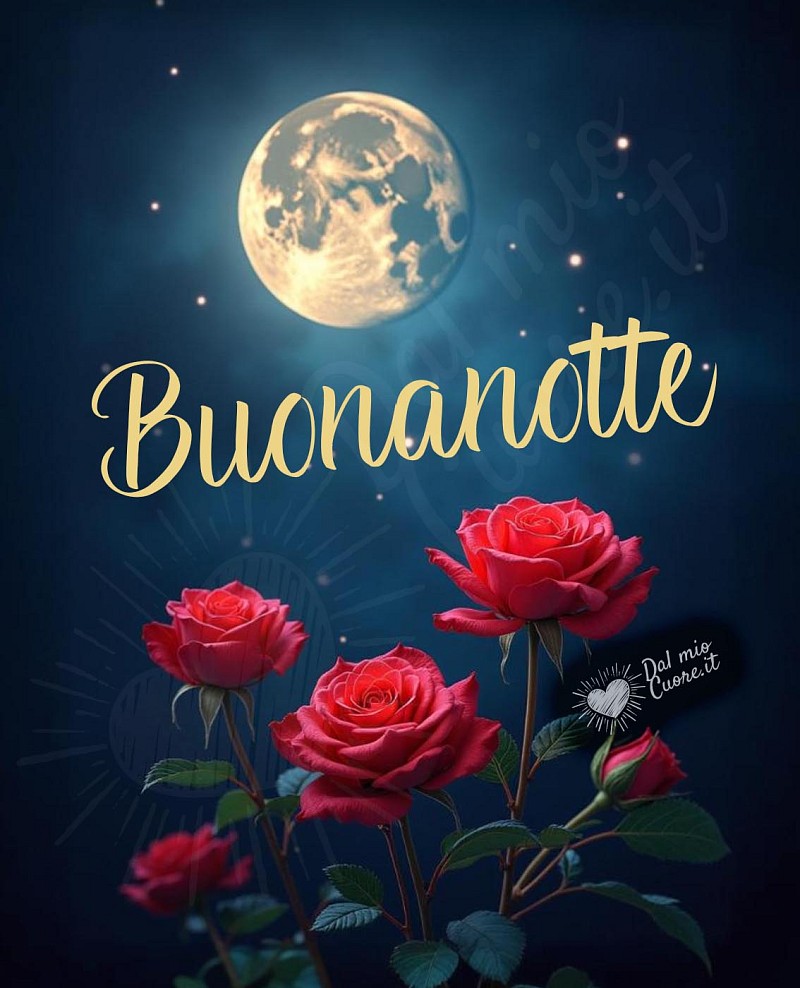 Immagine buonanotte con luna e rose rosse
