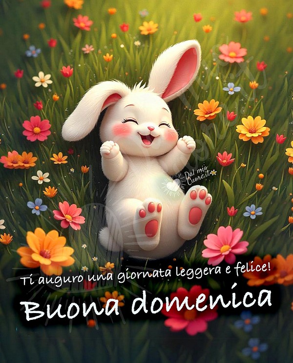 Buona domenica con coniglietto tra i fiori
