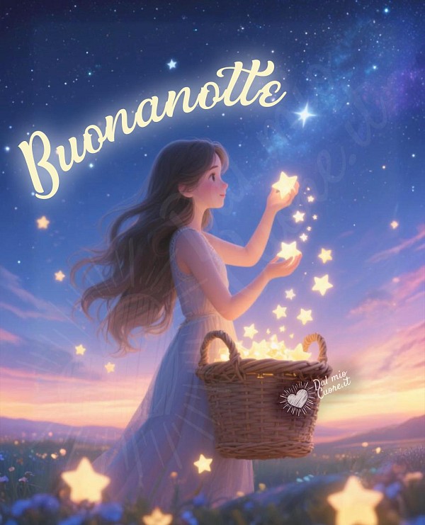 Ragazza in un prato notturno che raccoglie stelle scintillanti in un cestino per donarle con affetto. Scritta Buonanotte.