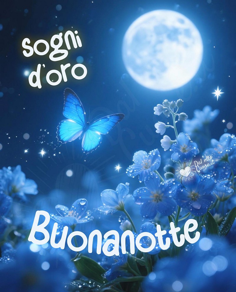 Immagine buonanotte con farfalla azzurra tra delicati fiori blu